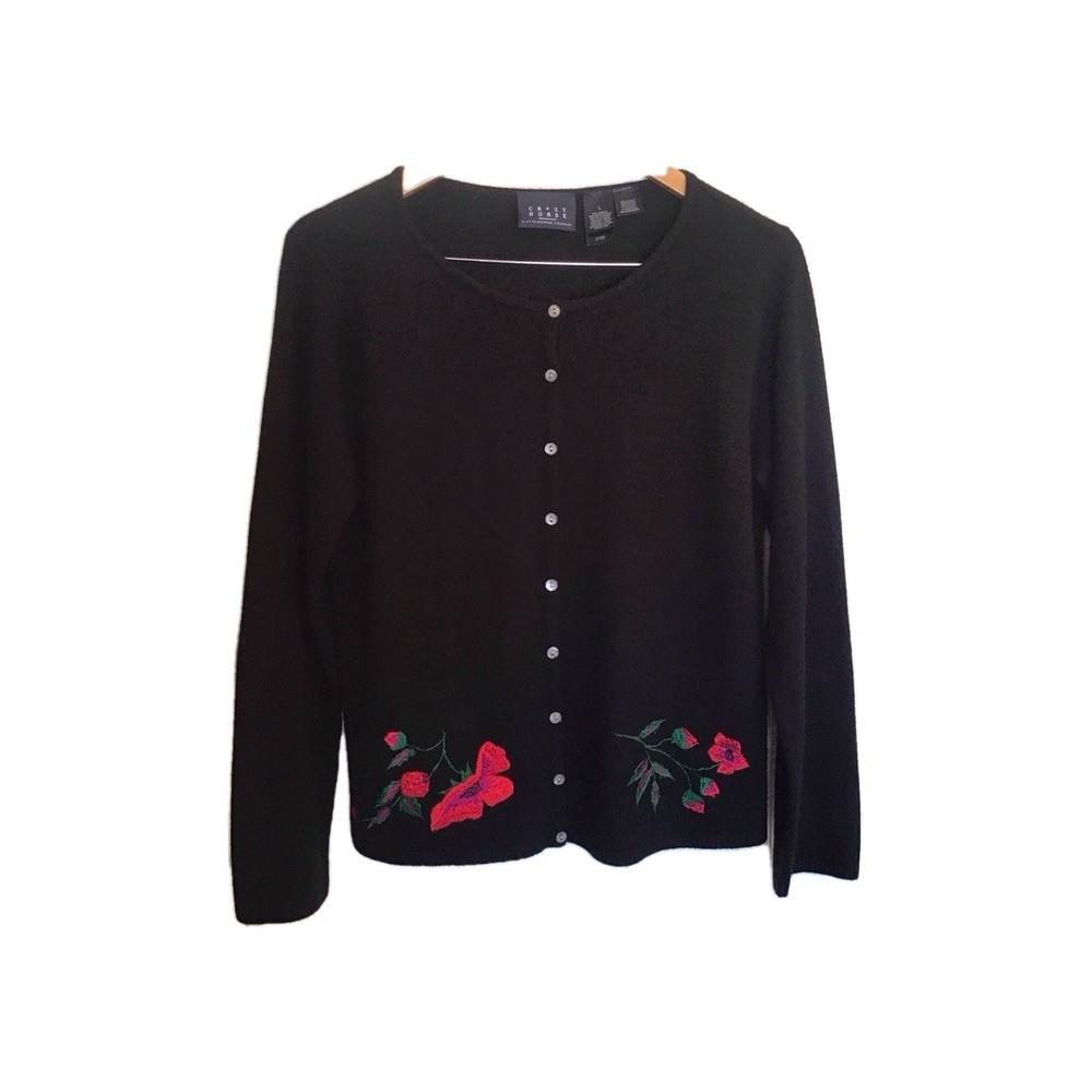 Crazy Horse Womens Embroidered Cardigan Sweater Button Up Floral Flower Large